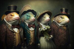 des poissons animaux habillé dans victorien ère Vêtements illustration génératif ai photo