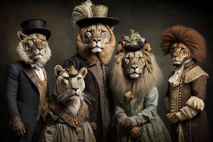 Lion animaux habillé dans victorien ère Vêtements illustration génératif ai photo