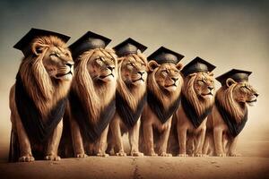 les Lions permanent dans une doubler, portant l'obtention du diplôme casquettes et robes, avec une fier Regardez sur leur visages illustration génératif ai photo