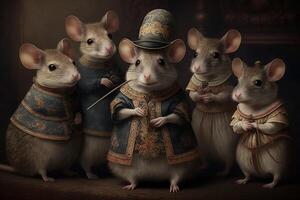 groupe de Souris animaux habillé dans victorien ère Vêtements illustration génératif ai photo