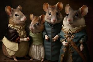 groupe de Souris animaux habillé dans victorien ère Vêtements illustration génératif ai photo