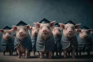 les cochons permanent dans une doubler, portant l'obtention du diplôme casquettes et robes, avec une fier Regardez sur leur visages illustration génératif ai photo