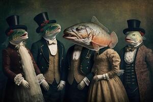 Saumon poisson animaux habillé dans victorien ère Vêtements illustration génératif ai photo