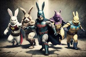 groupe de super héros portant Pâques lapin costumes Pâques illustration génératif ai photo