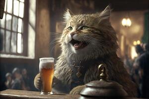 chat en buvant une Bière dans une pub bar illustration génératif ai photo