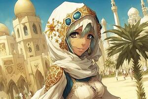 magnifique anime manga fille dans Dubai arabe habillé illustration génératif ai photo