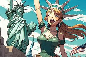 magnifique anime manga fille dans Nouveau york ville statue de liberté illustration génératif ai photo