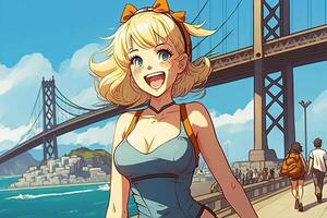 magnifique anime manga fille dans san francisco Californie illustration génératif ai photo