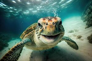 content mer tortue sous-marin à la recherche et vous et souriant illustration génératif ai photo
