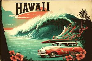 Hawaii rétro style art affiche vacances surfant et le surf illustration génératif ai photo