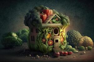 maison fabriqué de des légumes Créatif régime nourriture en bonne santé en mangeant concept photo de Humain fabriqué de Frais des fruits et des légumes illustration génératif ai