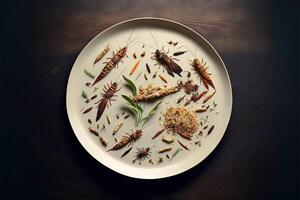 gourmet insecte restaurant assiette illustration génératif ai photo