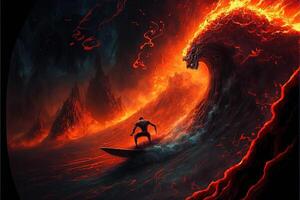 enfer infernal surfeur surfant lave vagues avec le surf planche dans flammes illustration génératif ai photo