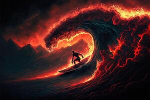 enfer infernal surfeur surfant lave vagues avec le surf planche dans flammes illustration génératif ai photo
