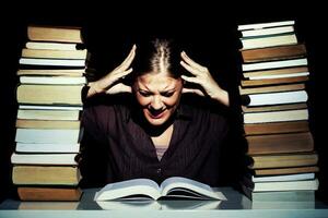 portrait de une stressé femme avec livres photo