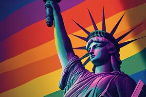 statue de liberté dans le arc en ciel couleurs. lgbtq communauté défenseurs pour tolérance vers genre, sexualité et identité illustration génératif ai photo