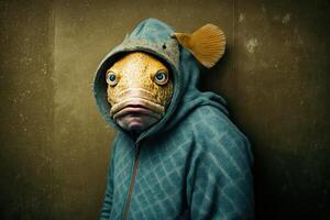 homme déguisé avec une poisson costume pour le avril imbécile journée blague illustration génératif ai photo