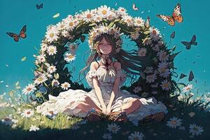 jolie fille avec une fleur couronne, séance dans une champ de marguerites et entouré par papillons, manga style illustration génératif ai photo