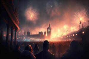 célébrer Nouveau année veille dans Londres feux d'artifice dans le ciel illustration génératif ai photo