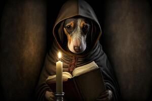 chien comme médiéval prêtre ou moine dessin animé personnage, avec livre et bougie génératif ai photo