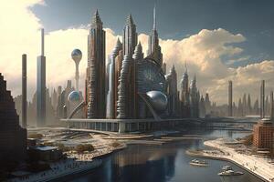 Nouveau york ville de le futur année 2100 avec en volant voitures et Nouveau gratte-ciel illustration génératif ai photo