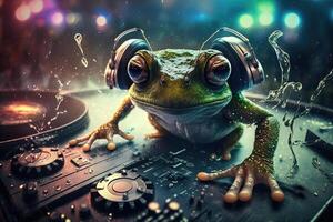 grenouille animal est une résident dj dans le club gens dansant sur Contexte illustration génératif ai photo