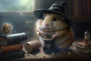 hamster portant sorcier chapeau et moulage une épeler illustration génératif ai photo