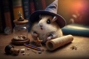 hamster portant sorcier chapeau et moulage une épeler illustration génératif ai photo