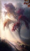paysage avec coloré feuillage sur le des arbres, une brumeux Matin brouillard, et une sunburst brillant par le des arbres téléphone intelligent Contexte fermer à clé écran fond d'écran illustration génératif ai photo