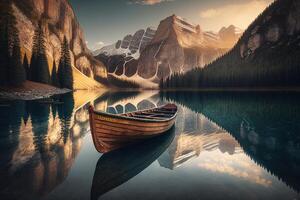 magnifique vue de traditionnel en bois aviron bateau sur une Lac dans le dolomites dans scénique lever du soleil, Sud Tyrol, Italie illustration génératif ai photo