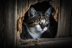 chat cache dans une en bois cabane illustration génératif ai photo
