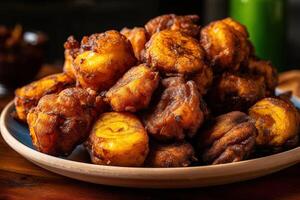 mûr Profond frit africain nigérien plantains local agrafe nourriture servi comme repas avec sauce ou comme une côté plat dans Nigeria, et autre africain des pays illustration génératif ai photo