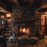 confortable cabine avec une cheminée avec en bois meubles ai généré photo