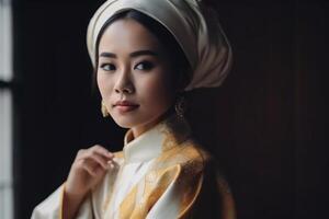 portrait de magnifique asiatique musulman femme portant traditionnel vêtements. ai généré. photo