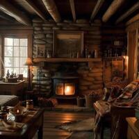 confortable cabine avec une cheminée avec en bois meubles ai généré photo