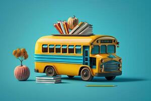 école autobus avec école accessoires et livres sur bleu Contexte illustration génératif ai photo