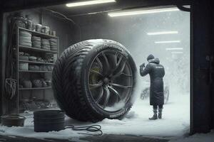 gros pneu dans une garage, hiver du froid et neige à l'extérieur illustration génératif ai photo
