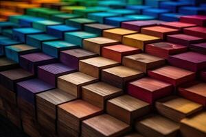 spectre de empilés multicolore en bois blocs. Contexte ou couverture pour quelque chose créatif, divers, expansion, en hausse ou croissance illustration génératif ai photo