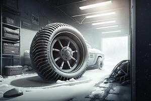 gros pneu dans une garage, hiver du froid et neige à l'extérieur illustration génératif ai photo