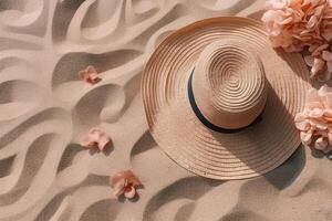 chapeau sur sablonneux plage Contexte Haut vue avec visible le sable texture illustration génératif ai photo