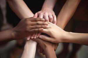 unité et la diversité Partenariat comme cœur mains dans une groupe de diverse gens connecté ensemble illustration génératif ai photo