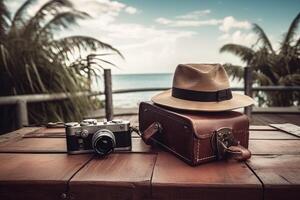 ancien valise, branché chapeau, photo caméra été vacances et croisière en voyageant concept. illustration génératif ai