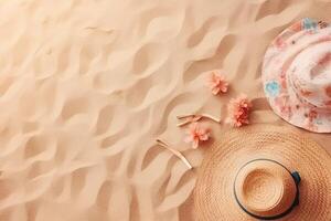 chapeau sur sablonneux plage Contexte Haut vue avec visible le sable texture illustration génératif ai photo