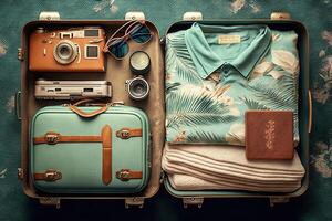Voyage valise emballé avec vêtements et accessoires illustration génératif ai photo