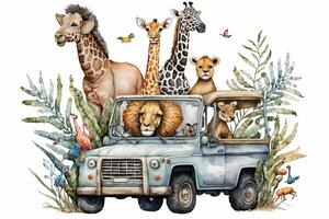 bébé safari animaux dans jeep illustration génératif ai photo