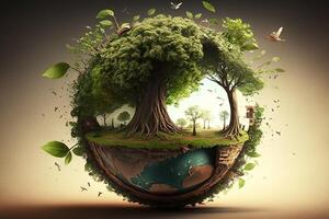 monde international forêt et bois journée 21 Mars abstrait illustration. animal, arbre, vert salutation, faune, globe, Terre génératif ai photo