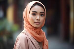 portrait de magnifique asiatique musulman femme portant traditionnel vêtements. ai généré. photo