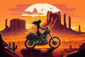 motard fille équitation une futuriste bicyclette moto dans monument vallée Contexte à le coucher du soleil illustration génératif ai photo