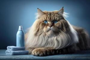chat la modélisation pour une luxe ultra coûteux chat toilettage ligne produit illustration génératif ai photo