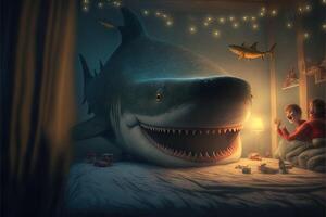 mignonne requin à venir à votre maison pendant Noël veille nuit dessin animé style illustration génératif ai photo